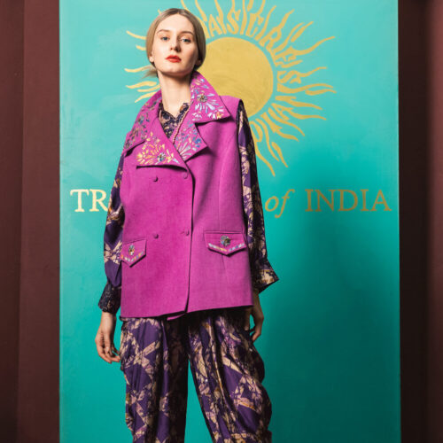 Cotton Canvas Lenticular Embroidered Sleeveless Jacket, ajrak blouse and dhoti pant