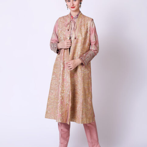 Gold Gilded Embroidered Silk Sleeveless Achkan Jacket