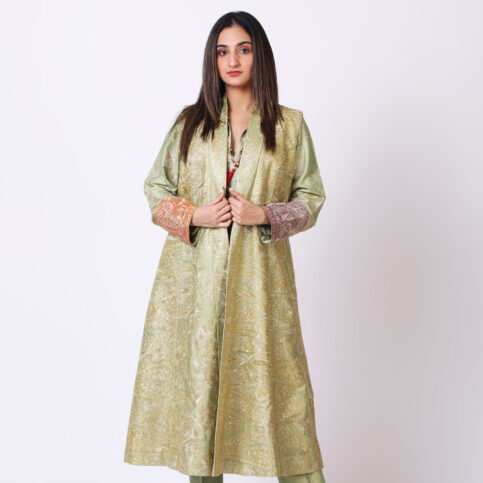 Gold Gilded Embroidered Silk Sleeveless Achkan Jacket