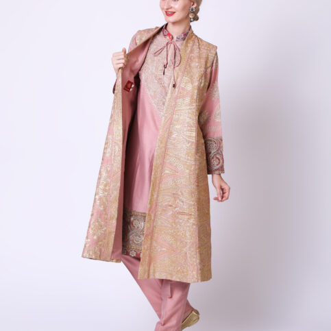 Gold Gilded Embroidered Silk Sleeveless Achkan Jacket