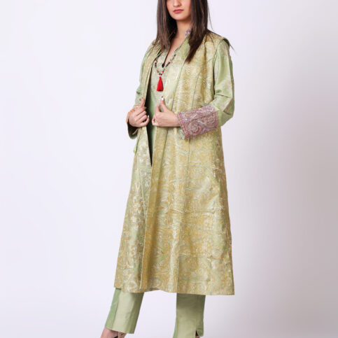 Gold Gilded Embroidered Silk Sleeveless Achkan Jacket