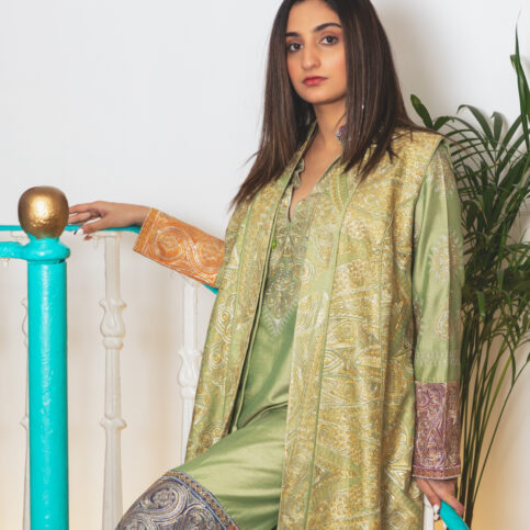 Gold Gilded Embroidered Silk Sleeveless Achkan Jacket, kurta and pant