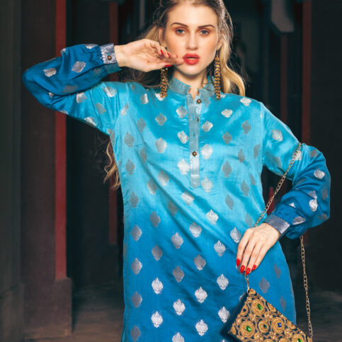 Ombre Dyed Gilded Gold Booty Handwoven Silk Kurta