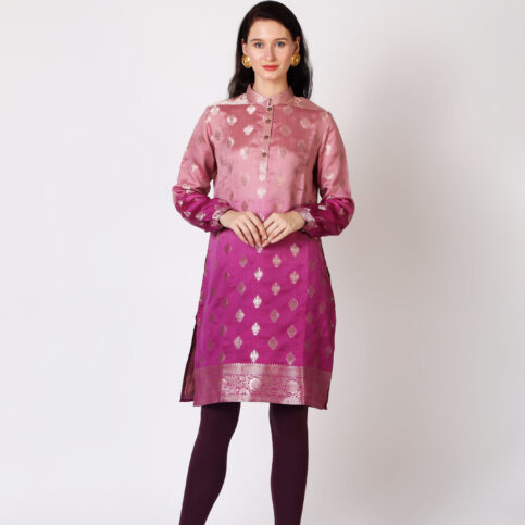 Ombre Dyed Gilded Gold Booty Handwoven Silk Kurta