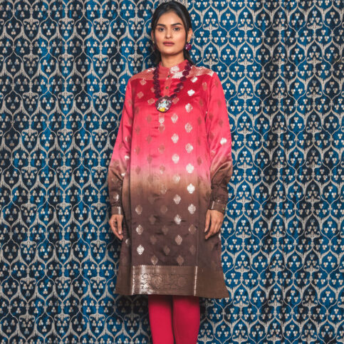 Ombre Dyed Gilded Gold Booty Handwoven Silk Kurta