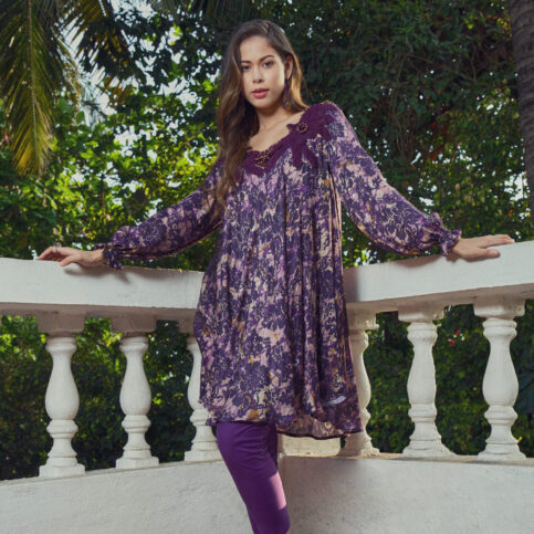 Orchid Printed Raglan Sleeve Crochetta Lace Insert Tunic