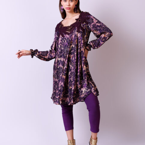 Orchid Printed Raglan Sleeve Crochetta Lace Insert Tunic