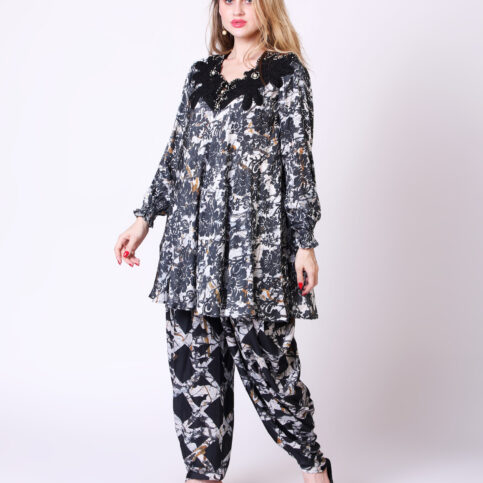 Orchid Printed Raglan Sleeve Crochetta Lace Insert Tunic