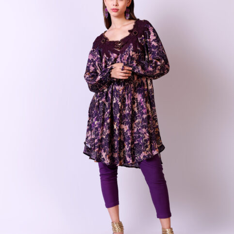 Orchid Printed Raglan Sleeve Crochetta Lace Insert Tunic