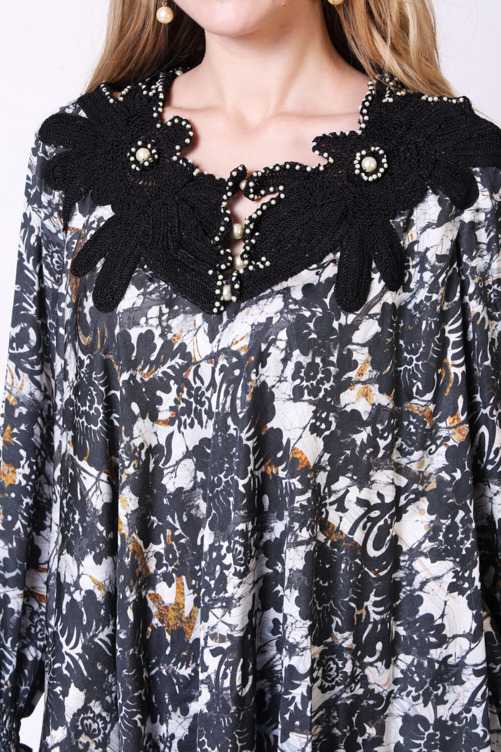 Orchid Printed Raglan Sleeve Crochetta Lace Insert Tunic
