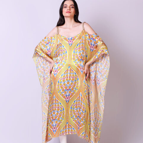 Ottoman Silk Satin Printed Off-shoulder Kaftan