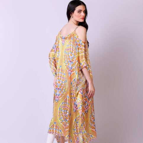 Ottoman Silk Satin Printed Off-shoulder Kaftan
