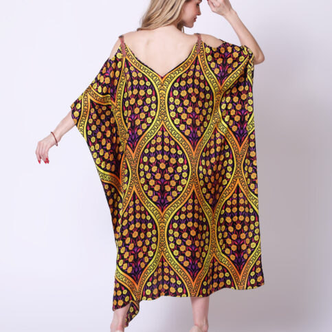 Ottoman Silk Satin Printed Off-shoulder Kaftan