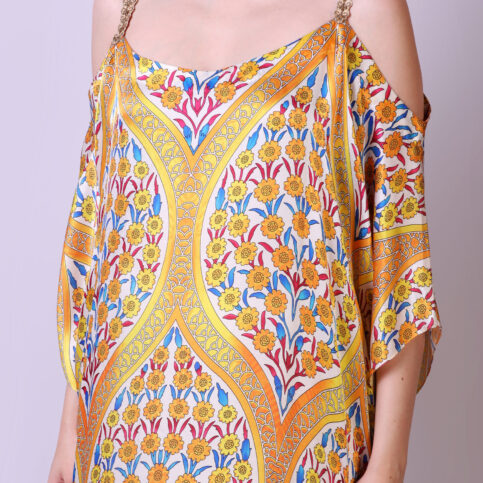 Ottoman Silk Satin Printed Off-shoulder Kaftan