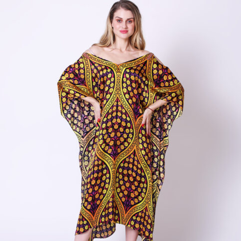 Ottoman Silk Satin Printed Off-shoulder Kaftan