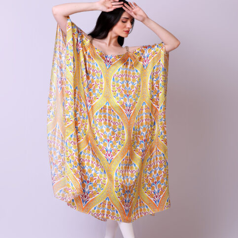 Ottoman Silk Satin Printed Off-shoulder Kaftan