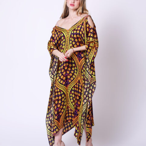 Ottoman Silk Satin Printed Off-shoulder Kaftan