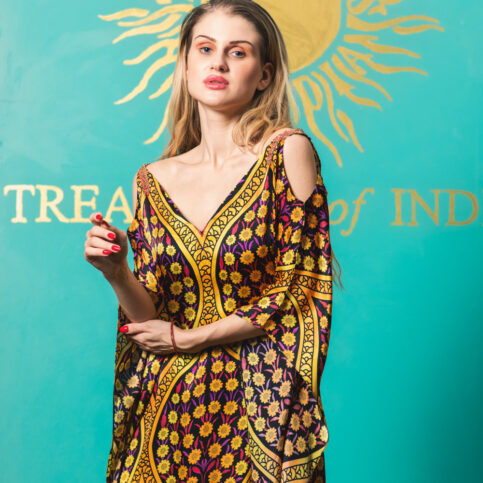 Ottoman Silk Satin Printed Off-shoulder Kaftan