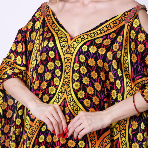 Ottoman Silk Satin Printed Off-shoulder Kaftan