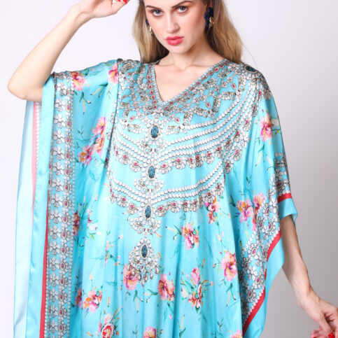 Satin Silk Bijoux Aqua Kaftan