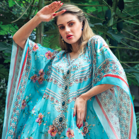 Satin Silk Bijoux Aqua Kaftan