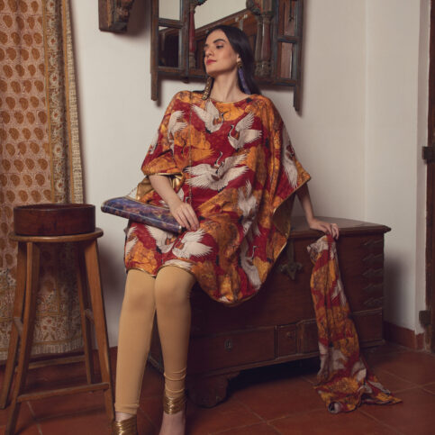 Stork Printed Silk Kaftan