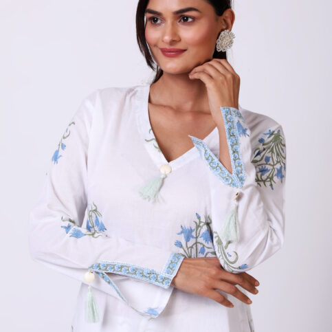 V Neck Hand Block Printed Cotton Voile Kurta