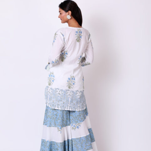 V Neck Hand Block Printed Cotton Voile Kurta