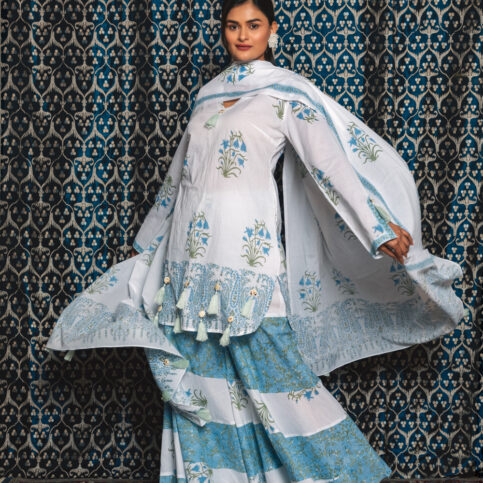 V Neck Hand Block Printed Cotton Voile Kurta