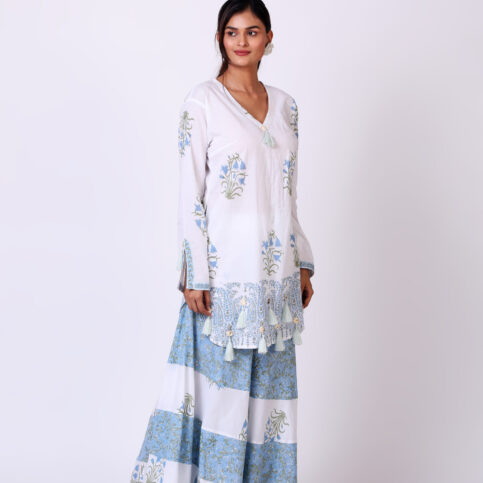 V Neck Hand Block Printed Cotton Voile Kurta