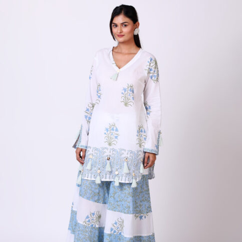 V Neck Hand Block Printed Cotton Voile Kurta