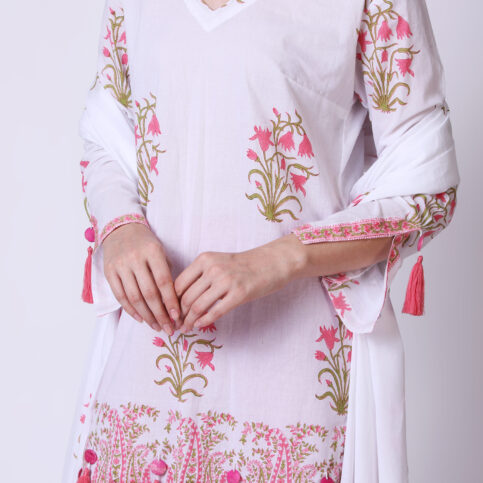 V Neck Hand Block Printed Cotton Voile Kurta