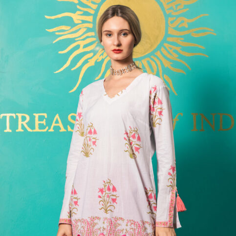 V Neck Hand Block Printed Cotton Voile Kurta