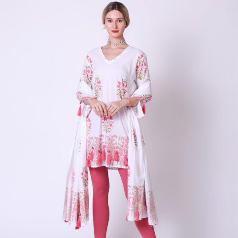 V Neck Hand Block Printed Cotton Voile Kurta