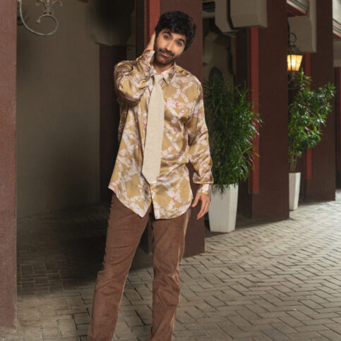 Ajrak Printed Shirt, crochet tie and cordury pant