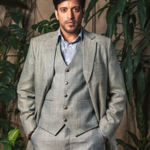 Dragonfly Print Classic Shirt Hash Blue and matka silk jacket trouser