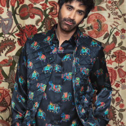 Elephant Printed Silk Shirt and bundi coti