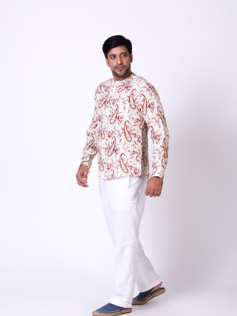 Keri Printed Linen No Collar Shirt