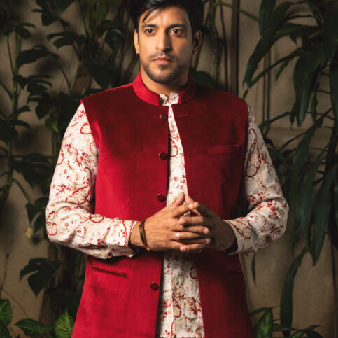 Keri Printed Linen No Collar Shirt and velvet bundi coti