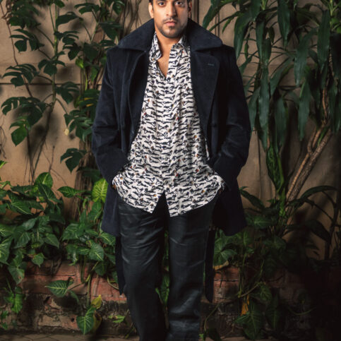 Modal Satin Shadow Print Shirt, corduroy jacket and ramie pant