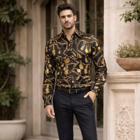 Mens silk jacquard chevalier printed shirt