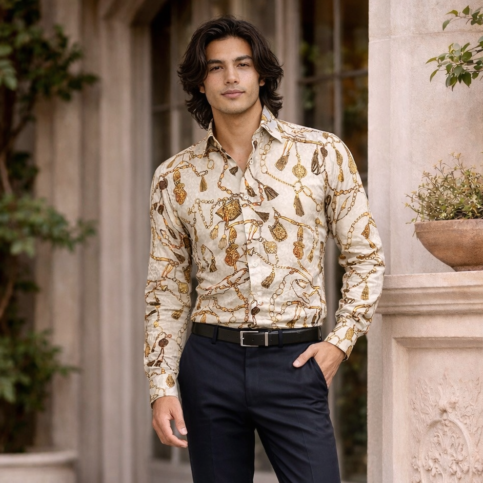 Mens silk jacquard chevalier printed shirt