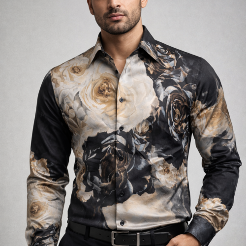 Mens blended modal silk yin Yang printed shirt