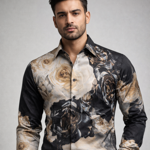 Mens blended modal silk yin Yang printed shirt