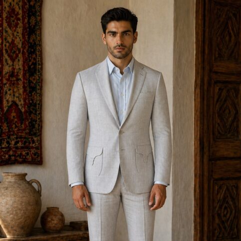 Mens hand woven raw silk 2 button jacket with insert gusset pockits