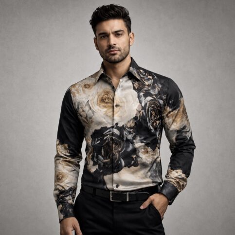 Mens blended modal silk yin Yang printed shirt