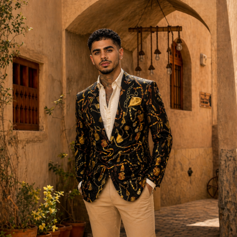 Mens fractal silk satin jacquard chevallier printed tuxedo jacket