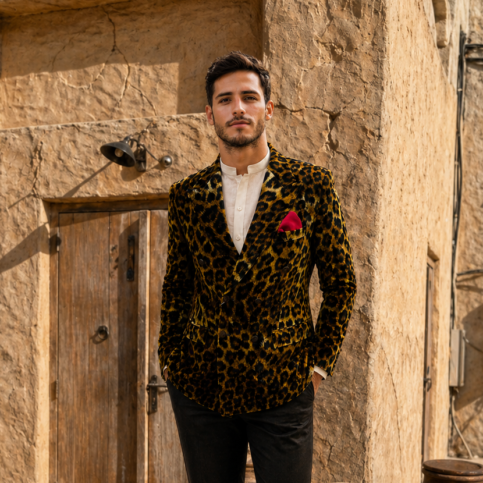 Silk velvet cheetah print double breast tuxedo jacket