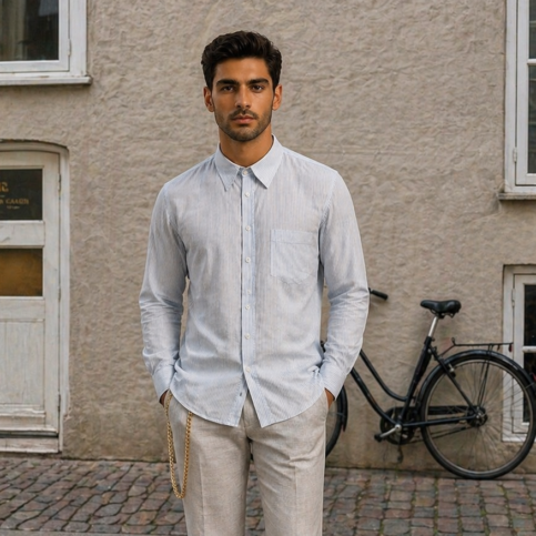 Yarn dyed linen long sleve , striped shirt
