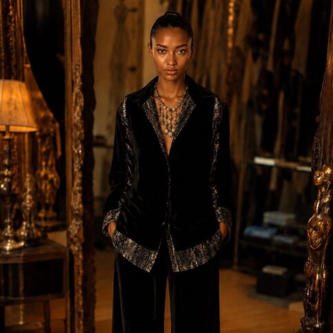 Double layered silk jacquard print & silk velvet , gusset pockit blouse .